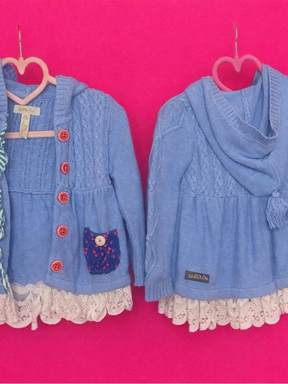 Matilda Jane Blue Knit Hooded Cardigan with Lace Trim EUC 18-24